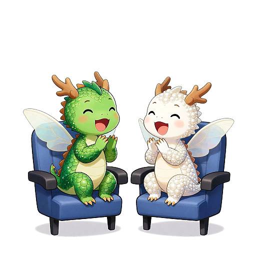 Cute digital illustration of two chibi dragon-like creatures with antlers, green and white scales, and translucent wings, sitting on blue chairs, laughing