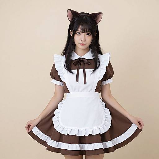 Photograph of an Asian woman with black hair, cat ears, wearing a brown and white maid outfit, holding the skirt, against a beige background.