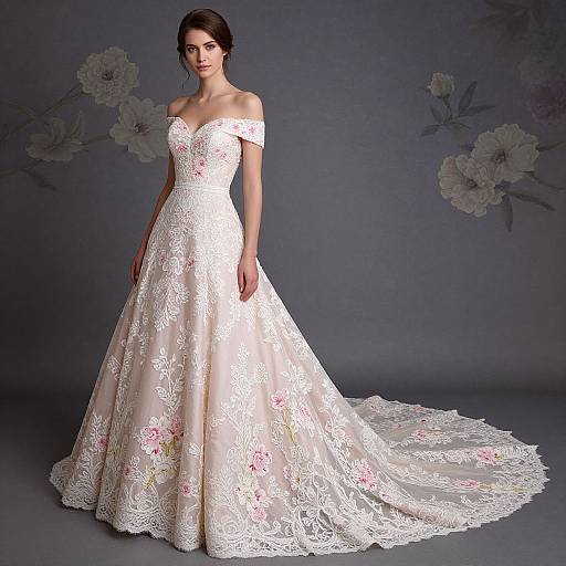 Photograph of a fair-skinned woman with dark brown hair in an off-shoulder, white lace wedding gown with floral embroidery, standing against a