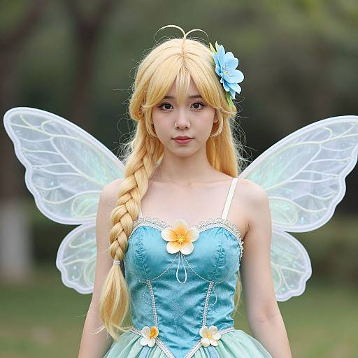 Photograph of an Asian woman cosplaying a fairy with blonde hair, blue dress, butterfly flowers, and transparent wings, standing in a green park.