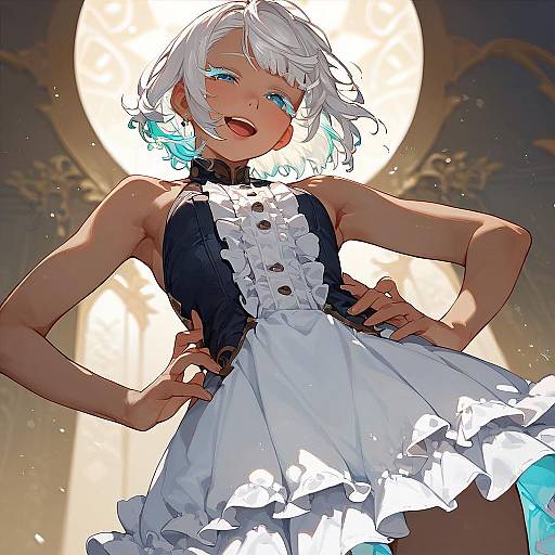 Anime-style digital illustration of a confident, white-haired girl with blue eyes, wearing a black and white frilled maid dress, hands on hips, against