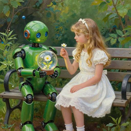 Whimsical Garden Scene with Girl and Robot