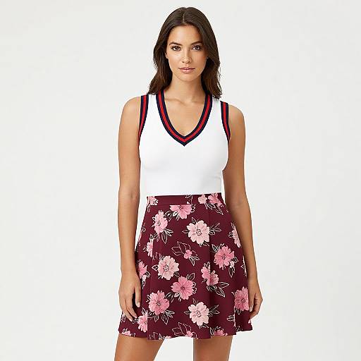 Photograph of a brunette woman with straight hair, wearing a white V-neck tank top with black trim, and a maroon floral skirt, standing against