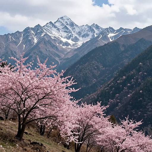 Photograph of pink cherry blossoms in the foreground, with snow-capped mountains and a cloudy sky in the background. Vibrant contrast between delicate flowers