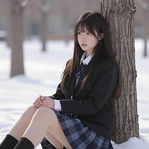 Asian Woman in Snowy Forest Scene