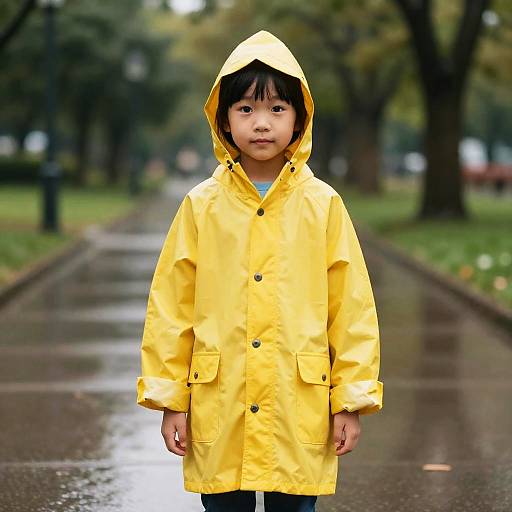 Photograph of an Asian child with straight black hair, wearing a bright yellow raincoat with hood, standing on a wet, tree-lined park path.