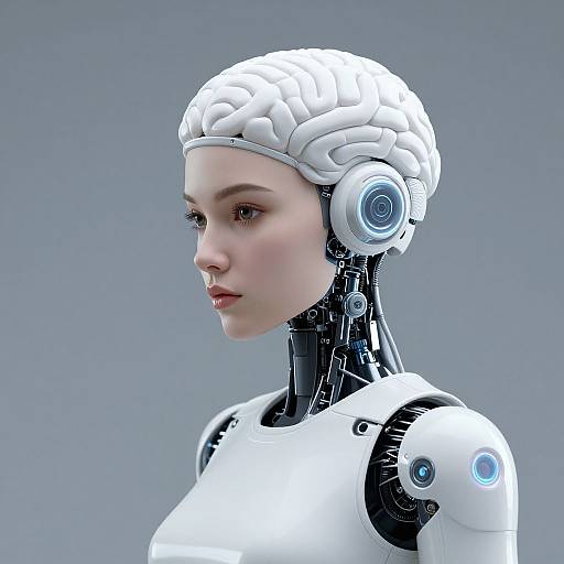 White Futuristic Robot Woman with Hi-Tech Brain Hat