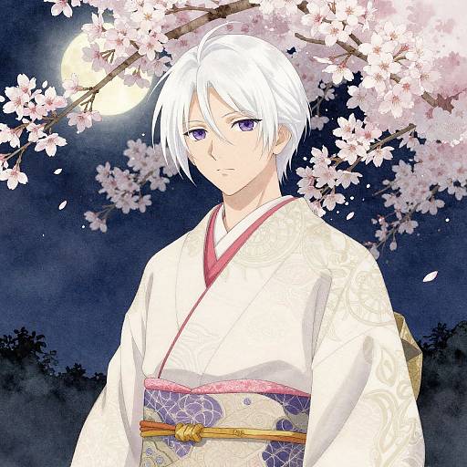 Anime-style digital illustration of a white-haired, blue-eyed young man in a white kimono with pink and purple sash, standing under cherry blossoms
