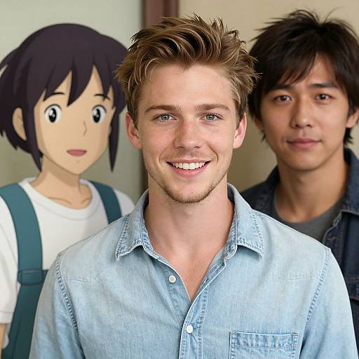 Photograph of a smiling young white man with brown hair, blue eyes, and light blue shirt, flanked by a cartoon girl and a real Asian