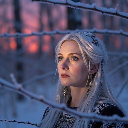 Photograph of a fair-skinned, blonde woman with snow-covered hair, wearing intricate black lace, gazing upward through snow-covered barbed wire at
