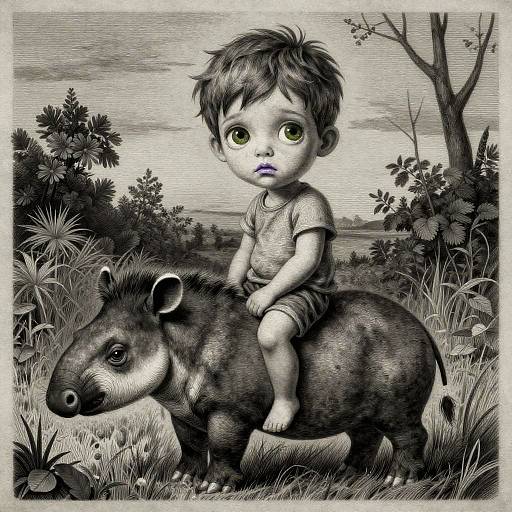 Monochromatic digital drawing of a wide-eyed, chubby-cheeked toddler with messy hair, sitting on a small warthog in a grassy