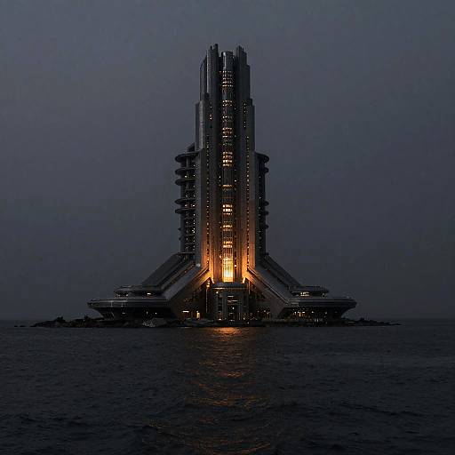 Photograph of a futuristic, towering, illuminated skyscraper-like structure standing on a dark, calm ocean at dusk, with a deep blue, twilight sky
