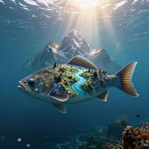 Digital artwork: A fish with a miniature, lush landscape and blue river inside its body swims underwater, with sunlit, snow-capped mountains in the