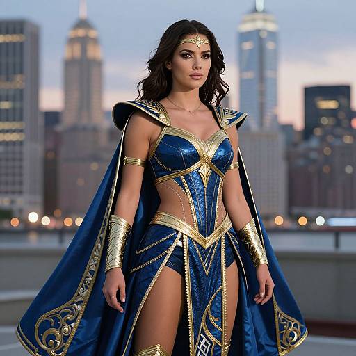 Photograph of a brunette woman in a blue and gold Wonder Woman-inspired costume with cape, standing on a rooftop at dusk, city skyline blurred in the