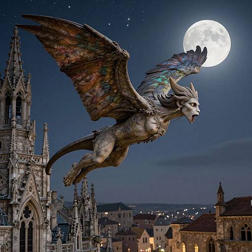 Digital illustration of a mythical griffin with rainbow-colored wings soaring under a full moon, above Gothic architecture, with a starry night sky.