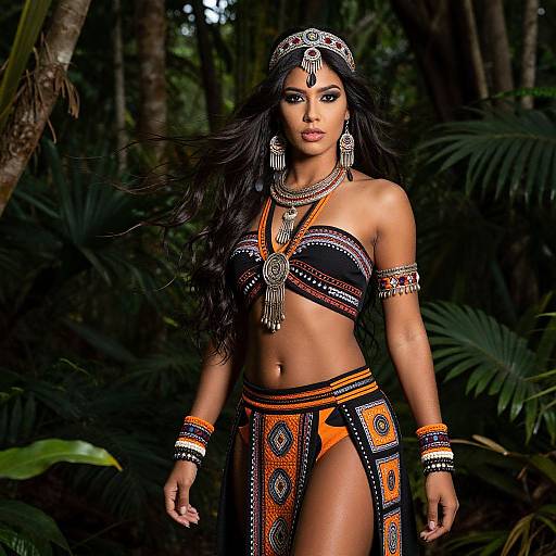 Photograph of a dark-haired, tan-skinned woman in a vibrant, tribal-inspired bikini and jewelry, standing in a lush jungle.