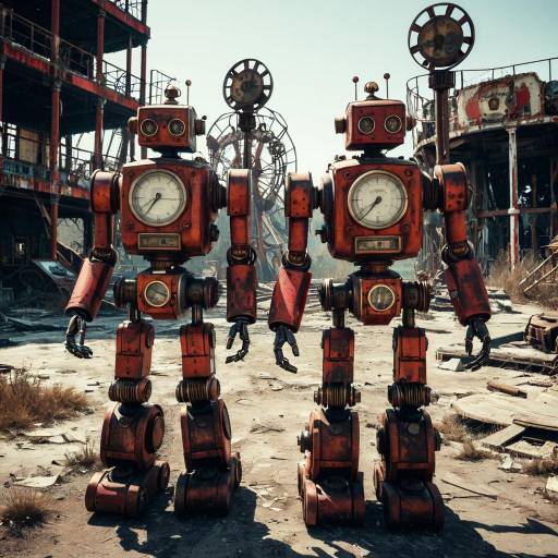 Two Red Steampunk Robots in Abandoned Amusement Park