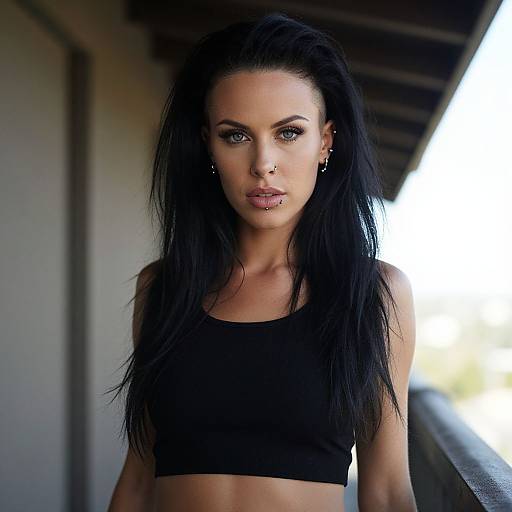 Photograph of a striking woman with long black hair, piercing blue eyes, and a black sports bra, standing under a shaded balcony.