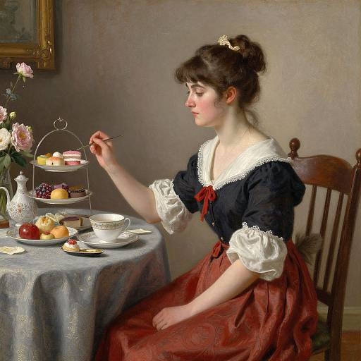 Victorian-style painting of a fair-skinned woman with dark hair in an updo, wearing a black dress with white lace, red ribbon, and