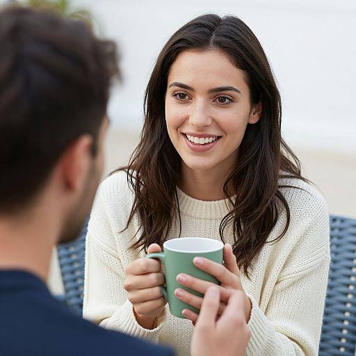 Photograph of a smiling young woman with long dark hair, wearing a white knit sweater, holding a green mug, facing a man with dark hair in