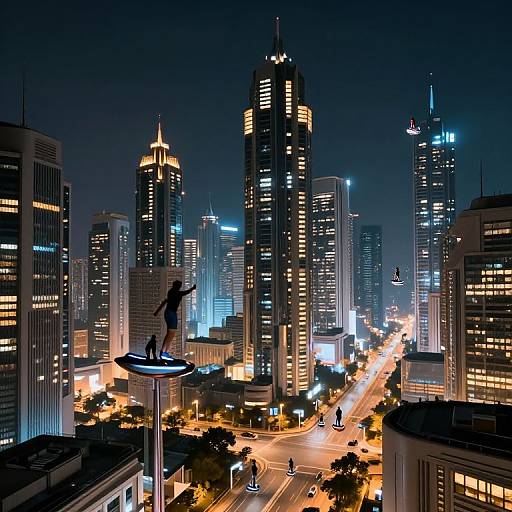 Futuristic Night Cityscape with Hoverboards