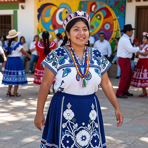 Photograph of a smiling young Latina woman in traditional blue and white embroidered dress, colorful bead necklace, and matching headpiece, standing outdoors in a vibrant