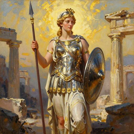 Athena in Armor Amidst Ancient Ruins