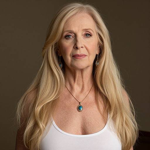 Photograph of an older Caucasian woman with long blonde hair, wearing a white tank top and a turquoise pendant necklace, against a dark background.