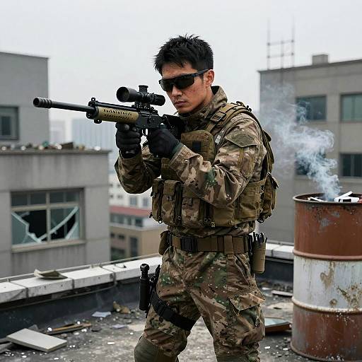 Photograph: Male soldier in camouflage, black sunglasses, and tactical gear, aiming sniper rifle on rooftop with urban buildings and smoke in background.