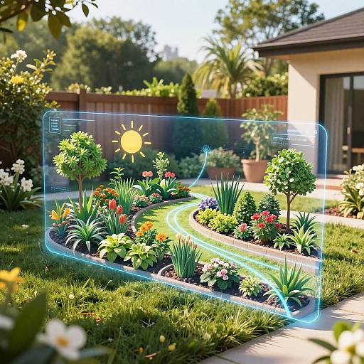 Photograph of a vibrant, sunlit garden with colorful flowers and greenery, overlaid with a digital, glowing sun icon and blue arrows. Background