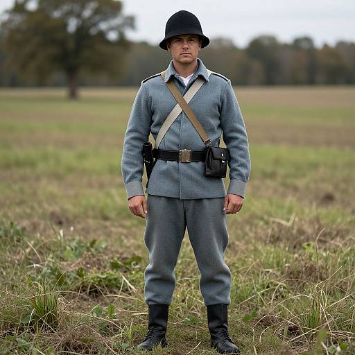 Photograph of a serious Caucasian man in early 20th-century British military uniform, standing in a grassy field with trees in the background, wearing
