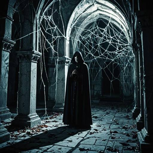 Dark Cloaked Figure in Cobwebbed Crypt