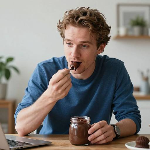 Photograph of a curly-haired, light-skinned man in a blue sweater, eating chocolate from a jar at a wooden table. Laptop and dessert in