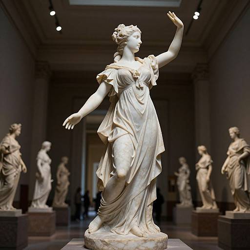 Photograph of a white marble classical statue of a dancing woman in a flowing gown, with raised arm and graceful pose, surrounded by other statues in a