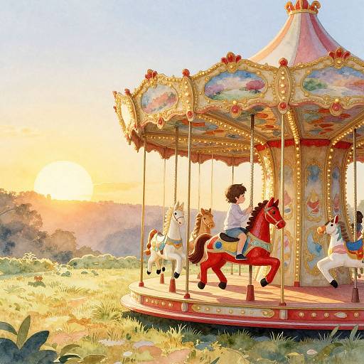 Digital painting of a sunlit, colorful carousel with a rider on a red horse, surrounded by white unicorns, at sunset in a grassy field
