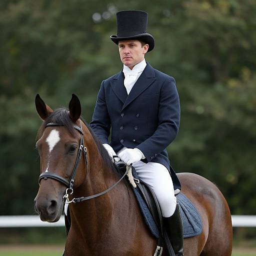 Photograph of a white male equestrian in black coat, white gloves, and top hat, riding a brown horse with a white blaze, set
