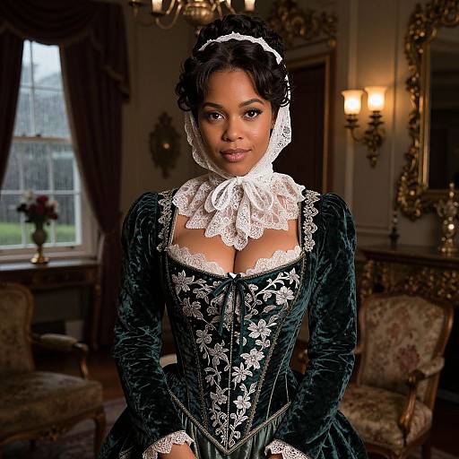 Photograph of a Black woman with dark skin, wearing an elaborate Victorian-style green velvet dress with lace trim and white bonnet, standing in an op
