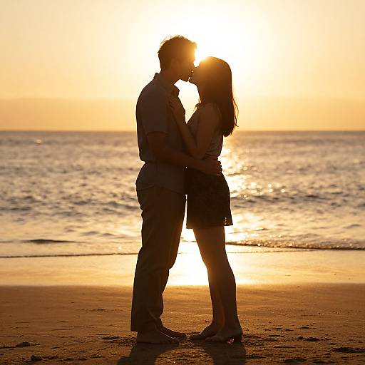 Silhouetted couple kissing at sunset on a beach, with the sun directly behind them, casting a warm, golden glow. Ocean and sand in