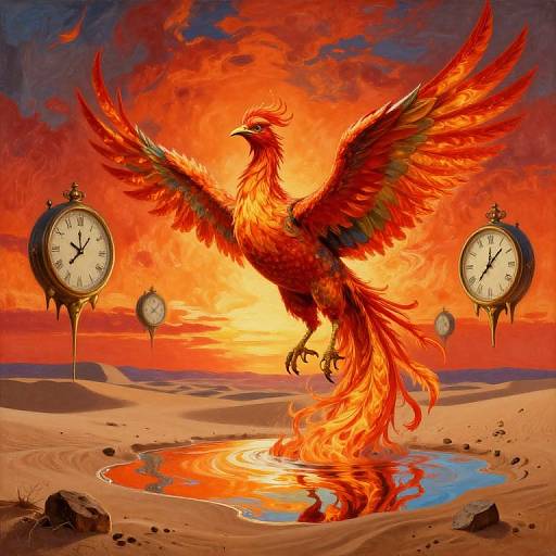 Digital art of a fiery phoenix with outstretched wings, standing on burning sand, reflected in a pool, with two clock faces in the background against