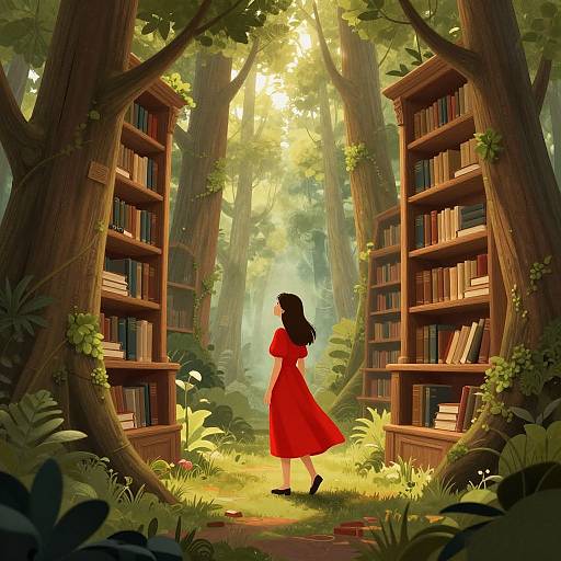 Digital illustration of a girl in a red dress standing between two towering, book-filled wooden libraries in a sunlit forest.