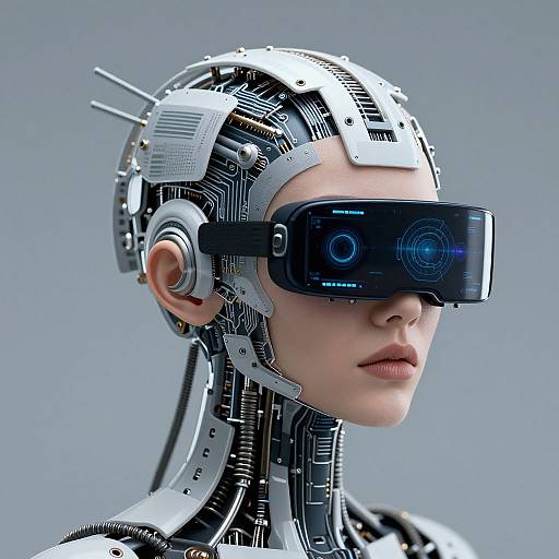 CGI image of a futuristic, cybernetic woman with a robotic head, intricate circuitry, and a black VR headset, against a gray background