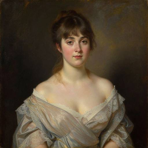 Classical portrait painting of a young Caucasian woman with fair skin, dark brown hair, and soft features, wearing an off-shoulder lace dress,