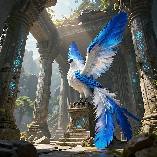 Fantastical digital art of a blue and white feathered bird with majestic wings, perched on an ancient, illuminated pedestal in a sunlit,