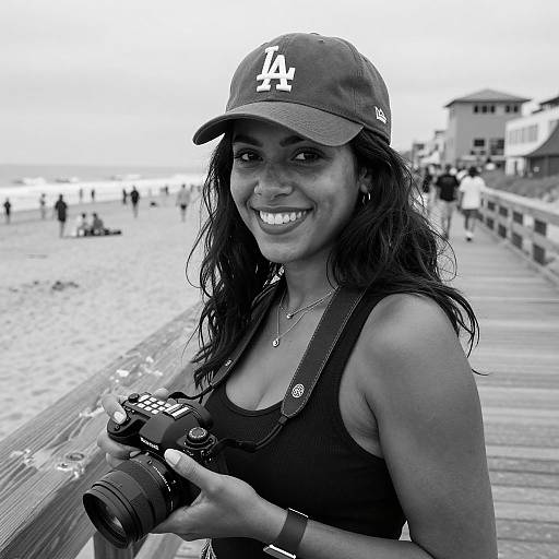Smiling Woman at Beach Boardwalk