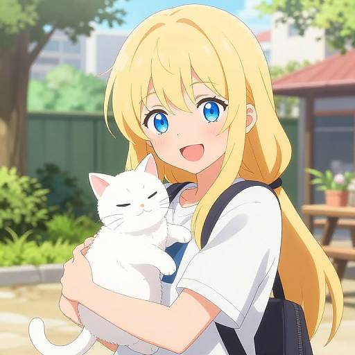 Anime-style digital drawing of a blonde girl with blue eyes, smiling, hugging a white cat in a sunny garden. She wears a white shirt and