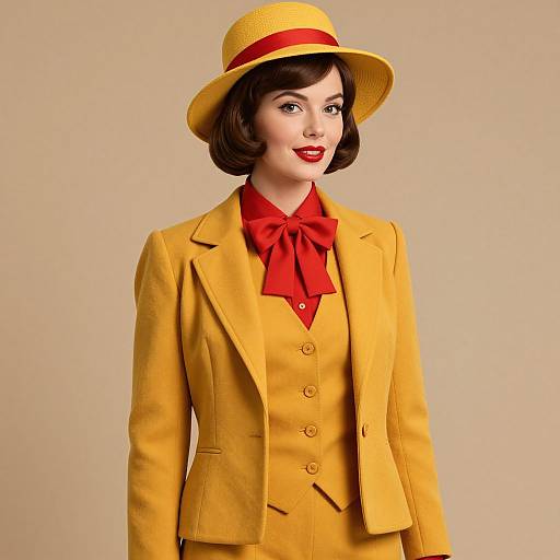 Vintage-style photograph of a fair-skinned woman with short brown hair, wearing a yellow hat, red bow, and matching yellow suit, against a beige
