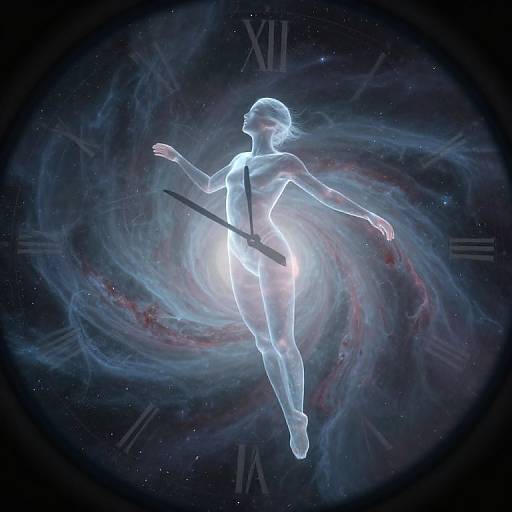 Glowing, translucent, nude woman with ponytail floating in a cosmic swirl of blue, red, and purple nebula, surrounded by Roman numer