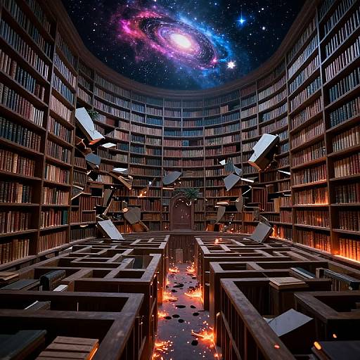 Photorealistic digital art of a library with glowing books, floating papers, and burning pages under a vibrant galaxy ceiling.