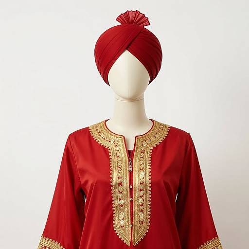 Mannequin in Traditional Red and Gold Attire