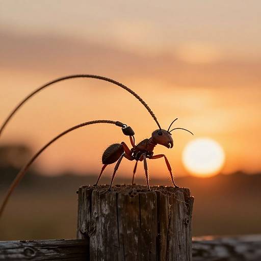 Photograph of an ant with an arched antennae standing on a wooden stump at sunset, orange and yellow sky in background.